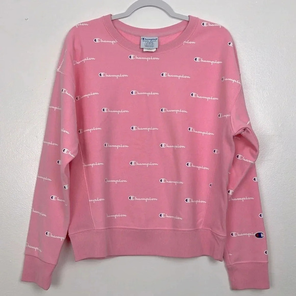 Champion Women’s L Crewneck Pink & White Allover Logo Sweatshirt - Picture 1 of 6